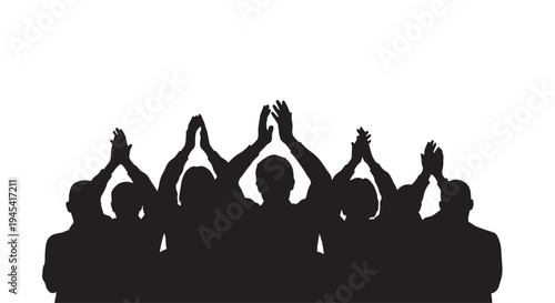 Illustration of silhouette of a group of people cheering with raised hands together