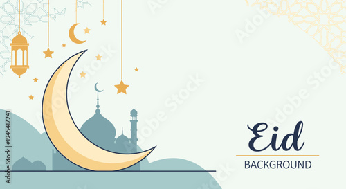 Festive Eid Mubarak background with golden crescent moon, mosque silhouettes, lanterns, and stars for Islamic celebration design.