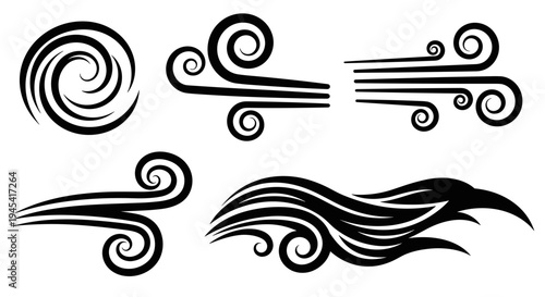 Stylized Black Wind Swirls and Waves Vector Set.