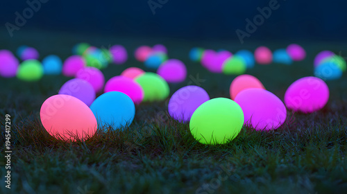 Children search for glowing eggs on a grassy field during an Easter event