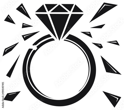 Stylized diamond engagement ring icon with sparkling gem and radiating light effect