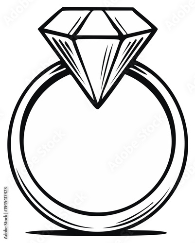 Illustration of a diamond engagement ring with large gemstone, vector drawing.