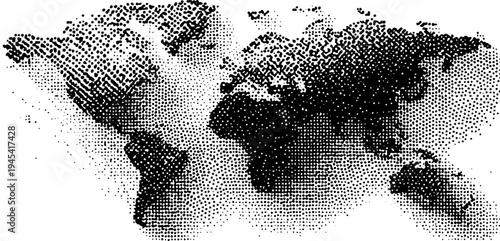 Halftone world map with continents outline in black and white for vintage design