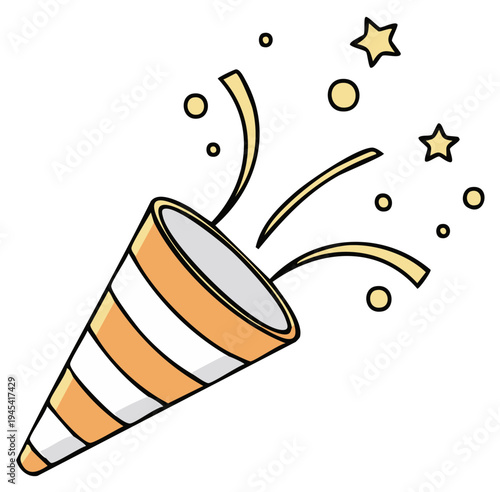 Striped party popper exploding with gold confetti and stars cartoon illustration