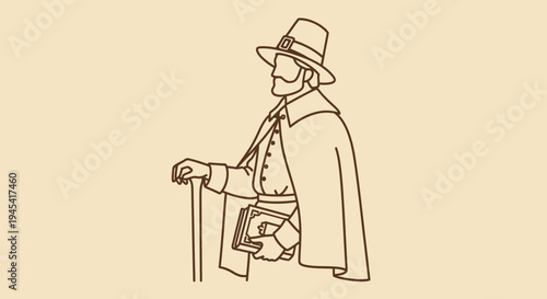 Historical Colonial Gentleman Illustration with Hat, Cloak, Book, and Walking Stick. Traditional 17th-Century Character Line Art.