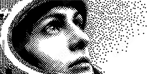 Black and white halftone astronaut helmet visor portrait design for posters and prints