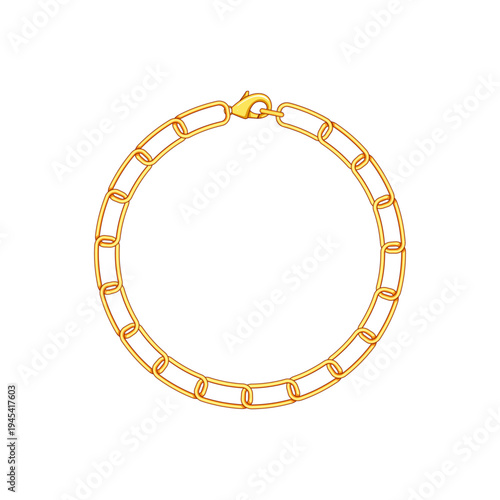 Gold chain bracelet featuring oval links and a lobster clasp, presented in a circular shape on an isolated white background, symbolizing luxury, wealth, and elegance