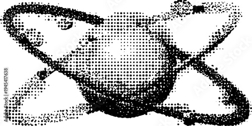 Atom orbit with electrons in halftone style - black and white scientific design for educational use