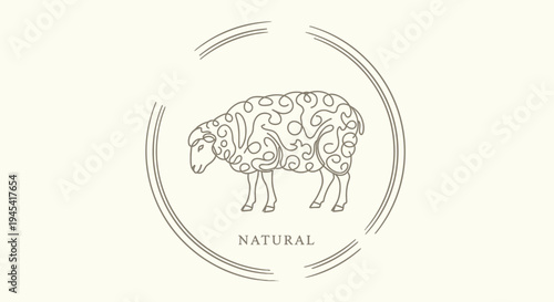 Elegant line art illustration of a stylized sheep with intricate organic patterns and 'NATURAL' in a circular emblem, minimalist design.