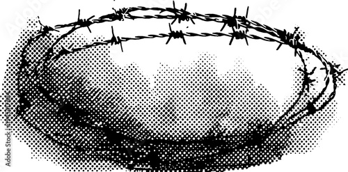 Barbed wire circle in black and white halftone effect - vintage design