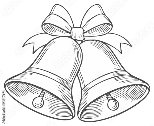 Elegant line art drawing of two festive bells tied with a beautiful ribbon for holiday and event decoration