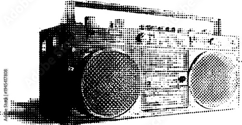 Vintage boombox stereo in black and white halftone effect for retro design