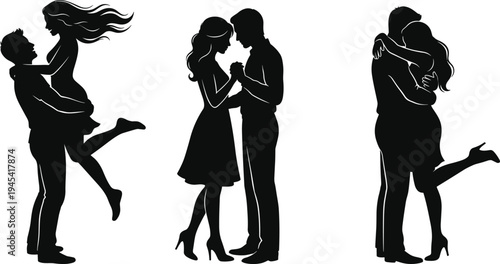 Romantic couple silhouette set, loving man and woman hugging, dancing and embracing, relationship love concept vector illustration isolated