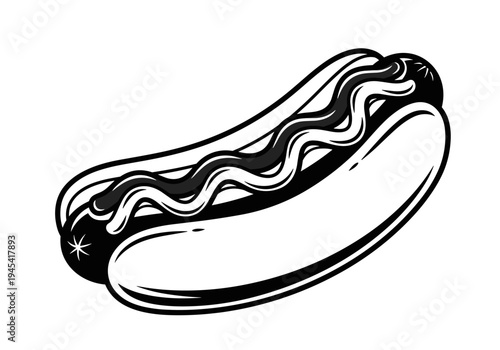 Classic Hot Dog with Condiments Black and White Illustration.