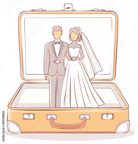 Symbolic illustration of a newlywed couple in an open suitcase for a honeymoon journey