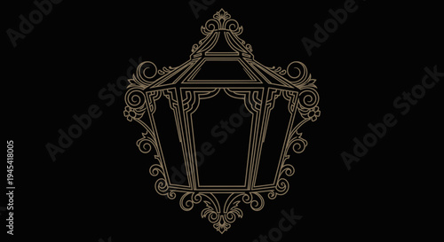 Elegant ornate vintage lantern design with classic decorative filigree, intricate details, and symmetrical scrollwork on black background