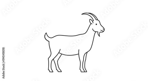 Minimalist black and white line art illustration of a domestic goat standing in side profile, clean outline icon or vector drawing of farm animal.