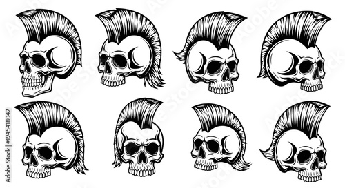 Set of eight punk rock skulls with mohawk hairstyles.