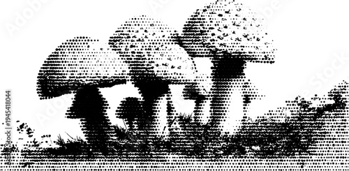 Vintage halftone mushroom cluster in black and white for design projects