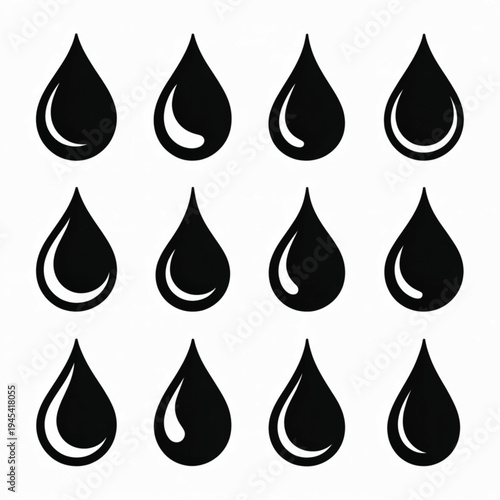 Set of 12 black water drop icons vector