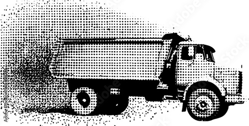 Vintage halftone dump truck illustration in black and white for construction design