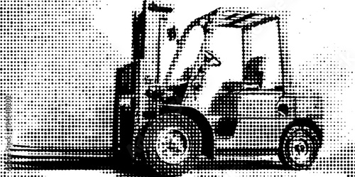 Halftone illustration of forklift in warehouse setting for industrial design projects