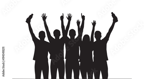 Illustration of silhouette of a group of people with raised hands in celebration