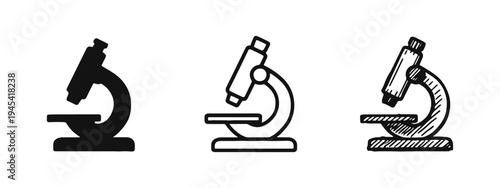 Microscope scientific instrument icons set in solid, outline, and hand-drawn sketch styles, for research and discovery.