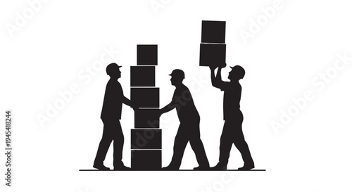 Illustration of three workers moving boxes in a teamwork concept illustration