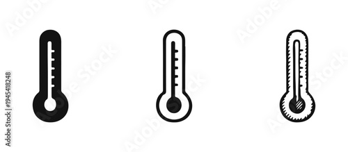 Thermometer temperature measurement icons set in solid, outline, and hand-drawn sketch styles, for health and weather.