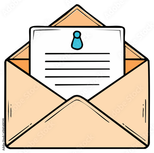 Open Envelope Revealing Letter With Thumbtack Drawing Style