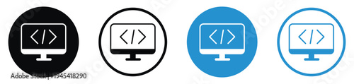 Vector set of computer monitor icons featuring a coding slash and brackets symbol. Clean, minimalist design in black and blue styles for web developers, software engineering, and IT tech.