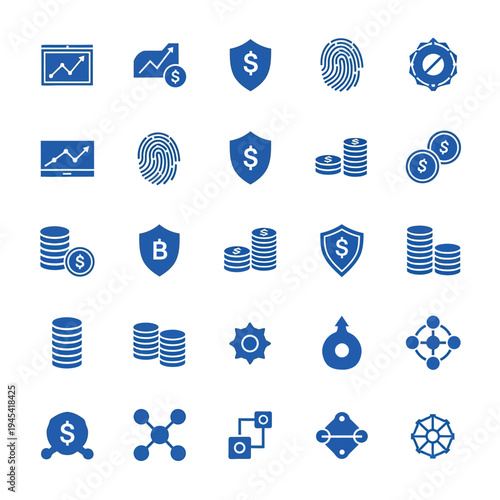 Finance and security icon set: shield, bitcoin, coins, fingerprint, network, data graph, blockchain, a comprehensive blue icon set for finance, security, and technology