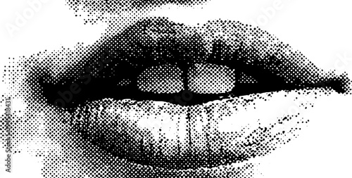 Vintage halftone illustration of slightly parted lips in black and white for artistic design