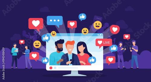 A vibrant digital illustration of diverse people celebrating International Day of Happiness on social media with a globe surrounded by emoticon icons and speech bubbles on a computer screen