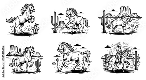 Majestic horses galloping and standing in various dynamic poses, showcasing their power and grace.