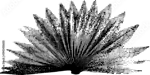 Tropical palm leaf fan in black and white halftone design for print or poster