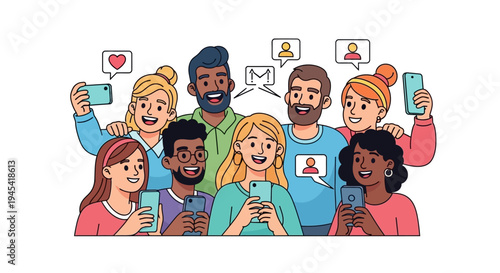A diverse group of people celebrate International Day of Happiness by using their mobile phones and social media with joyful expressions on their faces