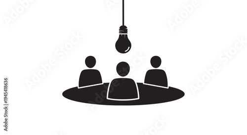 Illustration of black silhouette of three people sitting around a table with a light bulb