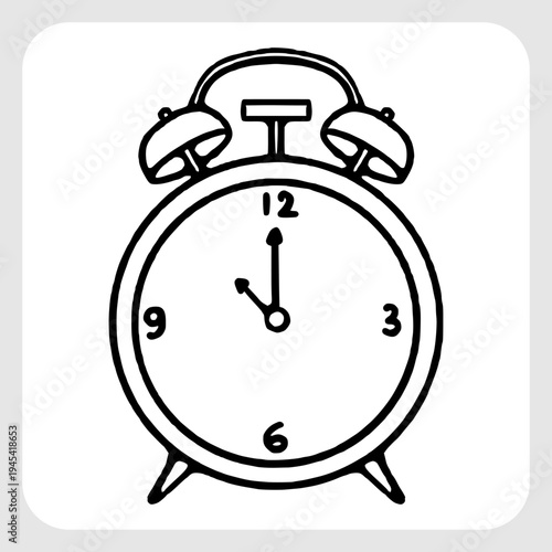 Classic Twin Bell Alarm Clock Illustration in Hand Drawn Black Line Art Style for Time Management and Morning Themes.