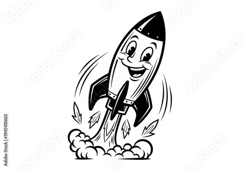 Happy Cartoon Rocket Blasting Off with Smoke and Leaves in Black and White.
