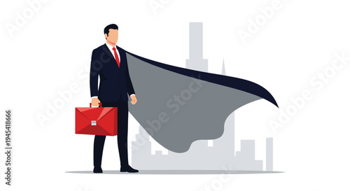 Strong businessman in a professional suit wearing a long superhero cape and holding a red briefcase in front of a city.