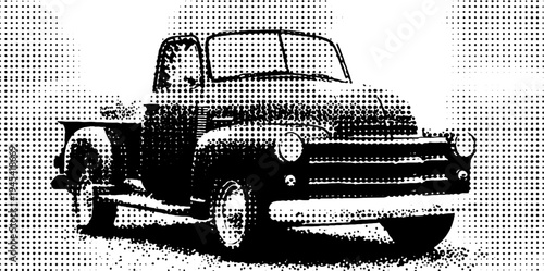Vintage classic pickup truck in black and white halftone style for retro design