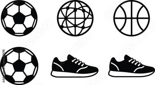 Sports icons set, soccer ball, basketball ball, running shoes, athletic equipment symbols, fitness sport collection, simple black silhouette vector
