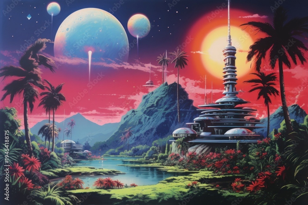 Fototapeta premium Utopia landscape art astronomy outdoors.