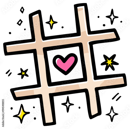 Hand drawn tic tac toe game with a pink heart in the center surrounded by sparkling stars