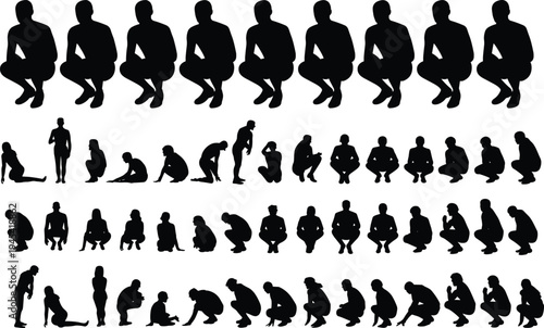 Squatting people silhouettes set, crouching human poses collection, squat posture variations, sitting crouch figures, human pose reference, vector silhouette bundle