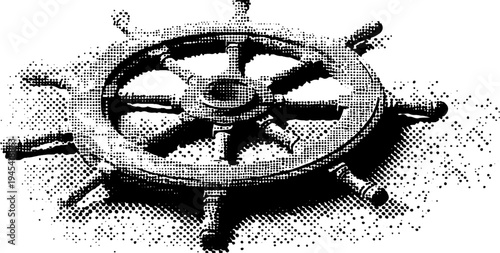 Nautical ship wheel in black and white halftone style for vintage design