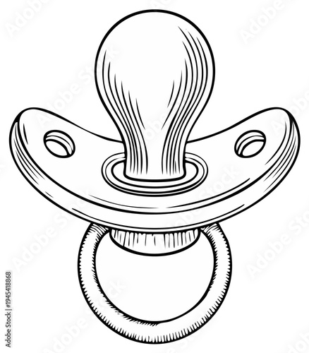 Engraved Baby Pacifier Artwork in Black and White Hand Drawn Illustration Style for Infant Care Product Visuals