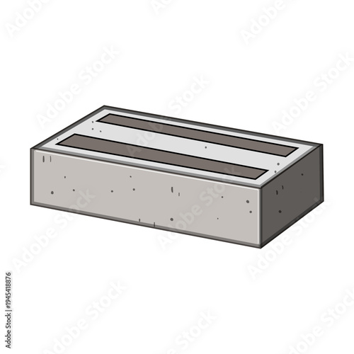 Grey concrete block with exposed aggregate texture and two recessed grooves on top, isolated on white simple industrial masonry element for construction, architecture, and design references